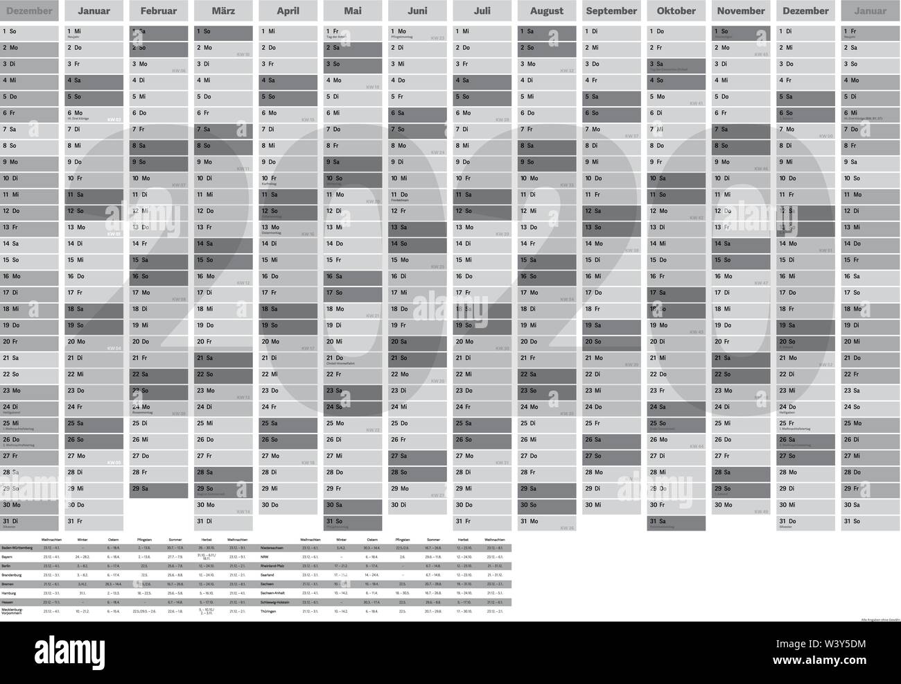 Anno di parete planner o il calendario per l'anno con il tedesco i giorni festivi e le vacanze scolastiche date per tutti gli stati della Repubblica federale di Germania Immagine e