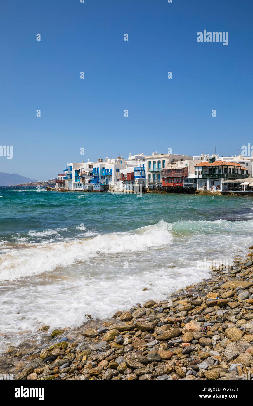 La piccola Venezia, la città di Mykonos, Mykonos, Cyclade Islands, Grecia Foto Stock
