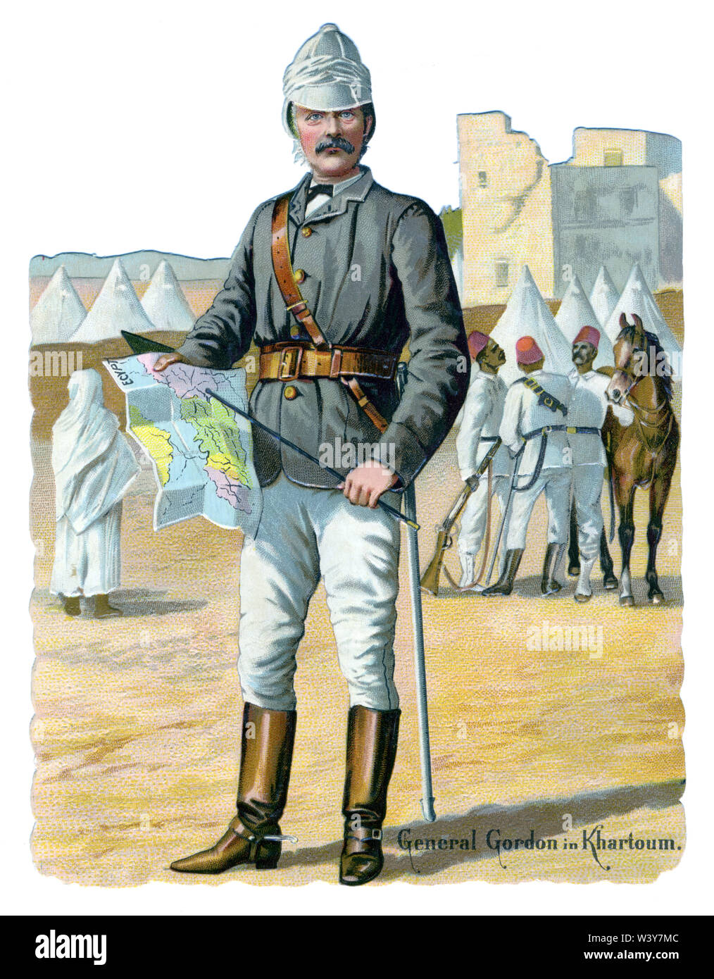 General Gordon a Khartoum, 1885 ritratto del Governatore generale del Sudan, ucciso dal Mahdi alla fine dell'assedio di Khartoum, su un vittoriano rottami litografica Foto Stock