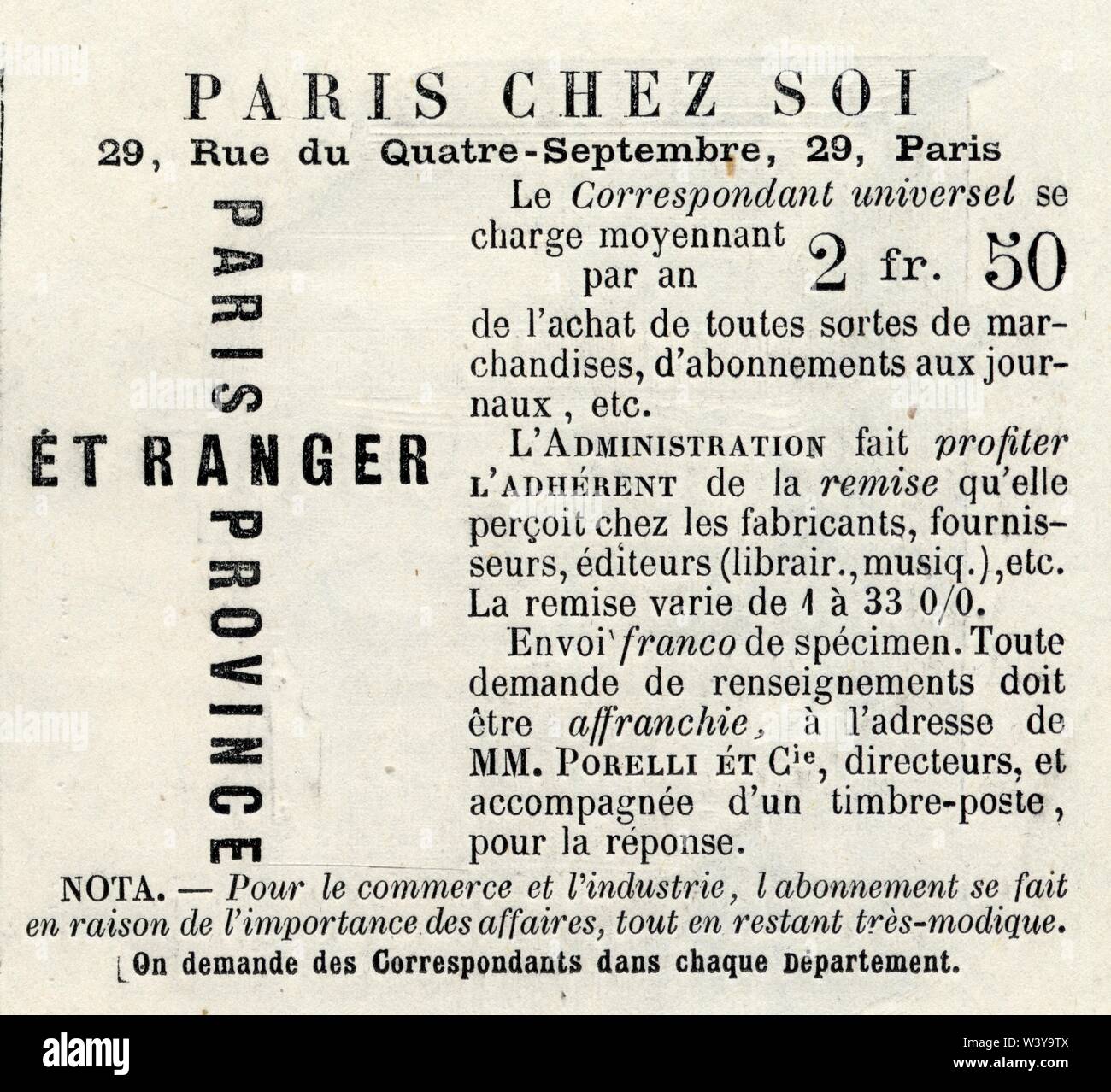 Publicité ancienne. Paris chez soi. 1871. Foto Stock