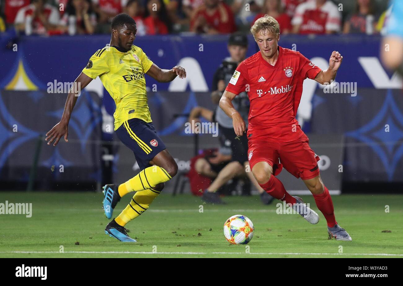 Los Angeles, Stati Uniti d'America. 18 Luglio, 2019. firo: 17.07.2019 Calcio, calcio: 1. Bundesliga, stagione 2019/2020 Arsenal FC, Test match, TEST AMICHEVOLI CONTRO FC Bayern Munich Monaco di Baviera, Audi Summer Tour USA 2019, International Champions Cup 2-1 duelli, Duello, FCB Fiete Arp, | Utilizzo di credito in tutto il mondo: dpa/Alamy Live News Foto Stock