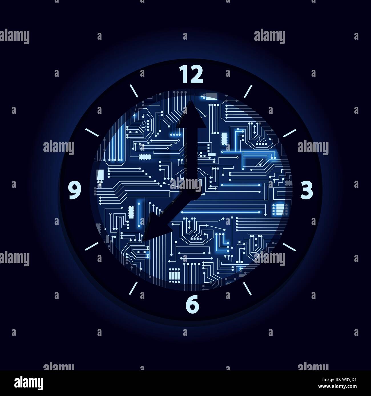 Orologio di puntatore riempito con circuito elettronico. Blu e l'illuminazione dello sfondo. Illustrazione Vettoriale