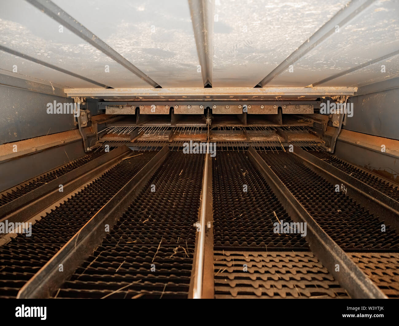 Immagine che mostra i crivelli e pianali preparatori all'interno di un Massey Ferguson 7278 scuotipaglia trebbiatrice mietitrebbia Foto Stock