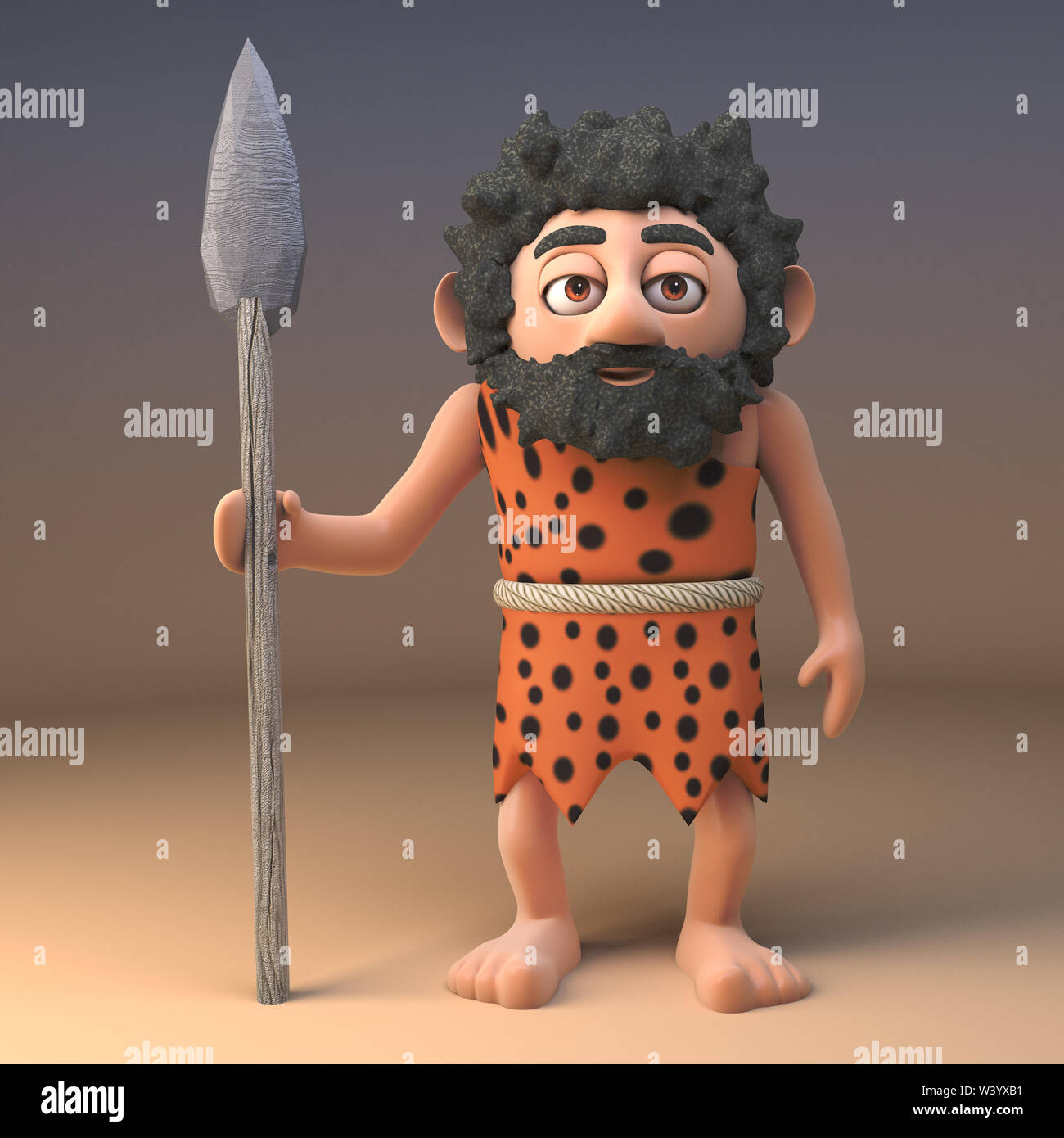 Caveman in animali da pelliccia con una lunga barba stand con la sua lancia come un grande cacciatore preistorico, 3D render illustrazione Foto Stock