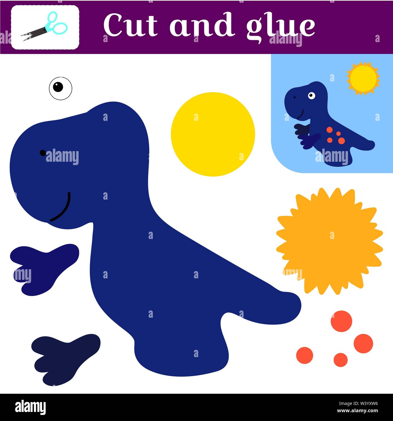 Applicazione con un dinosauro. Gioco della carta. Stampa, Taglio e colla. Blue Tyrannosaurus e sun. Semplice lo sviluppo di attività ricreative per i bambini. A scuola e a casa. Cartoon carino carattere. Illustrazione Vettoriale. Silhouette di divertenti dino. Illustrazione Vettoriale