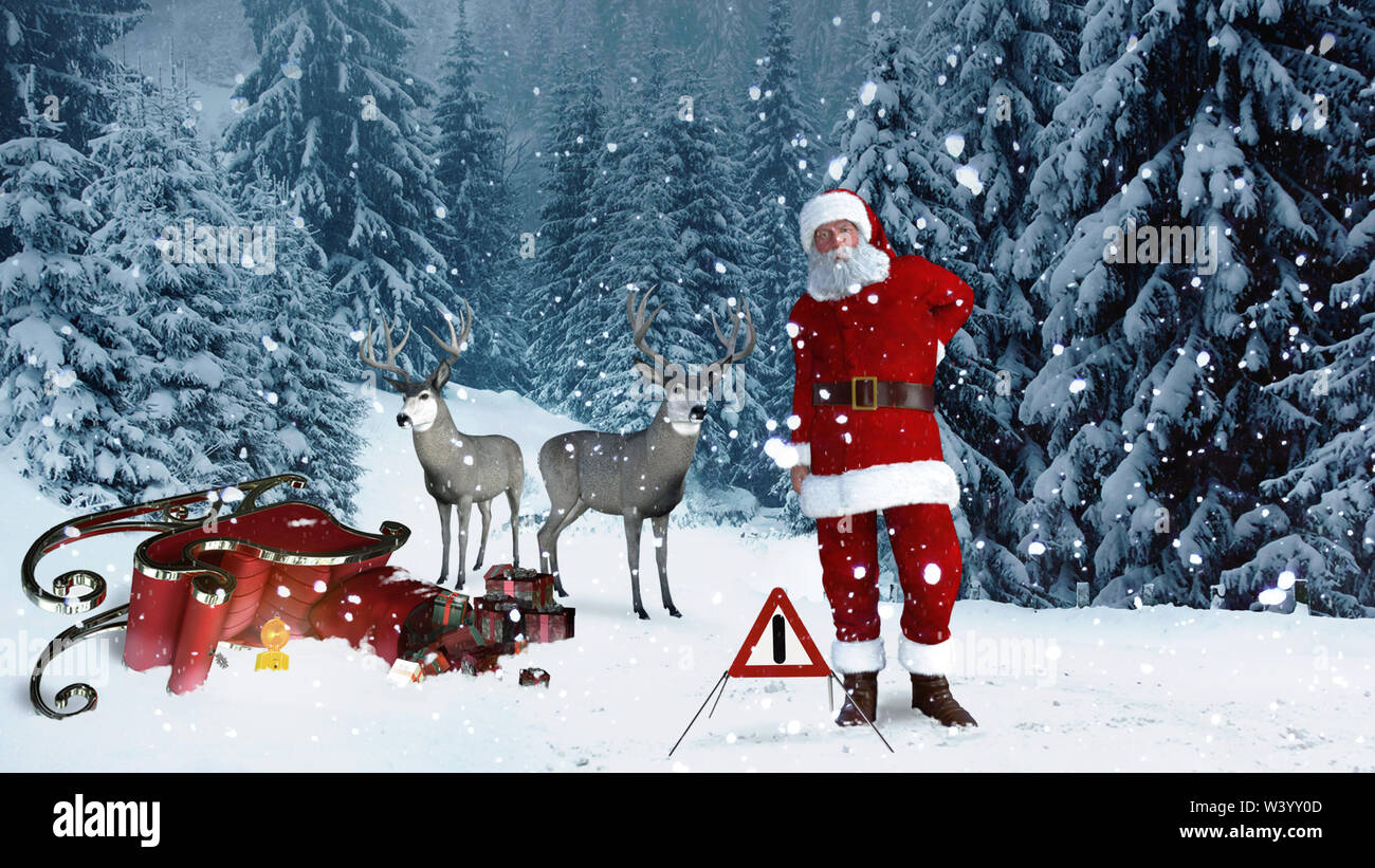 Babbo Natale ha avuto un incidente con la sua slitta e fissato il crash site, 3D Rendering immagine Foto Stock