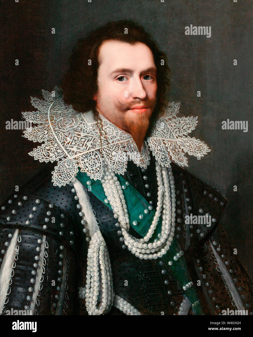 Ritratto di George Villiers, 1st Duca di Buckingham (1592-1628) di Michiel van Miereveld (1567-1641), olio su legno, 1625/6. Buckingham era preferita di Re Giacomo VI ed io e si è reputato essere il suo amante. Foto Stock