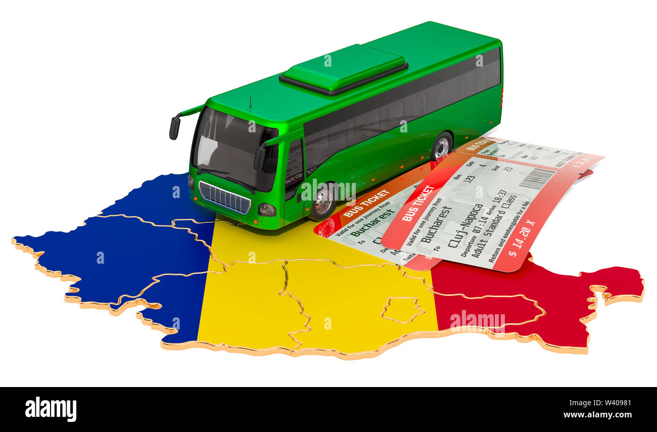 Viaggi in autobus in Romania, concetto. 3D rendering isolati su sfondo bianco Foto Stock