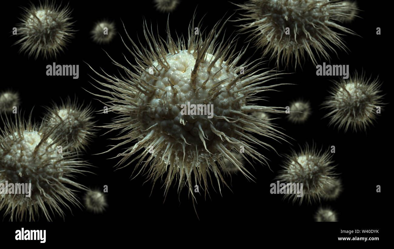 Cellule di virus 3d illustrazione isolati su sfondo nero Foto Stock