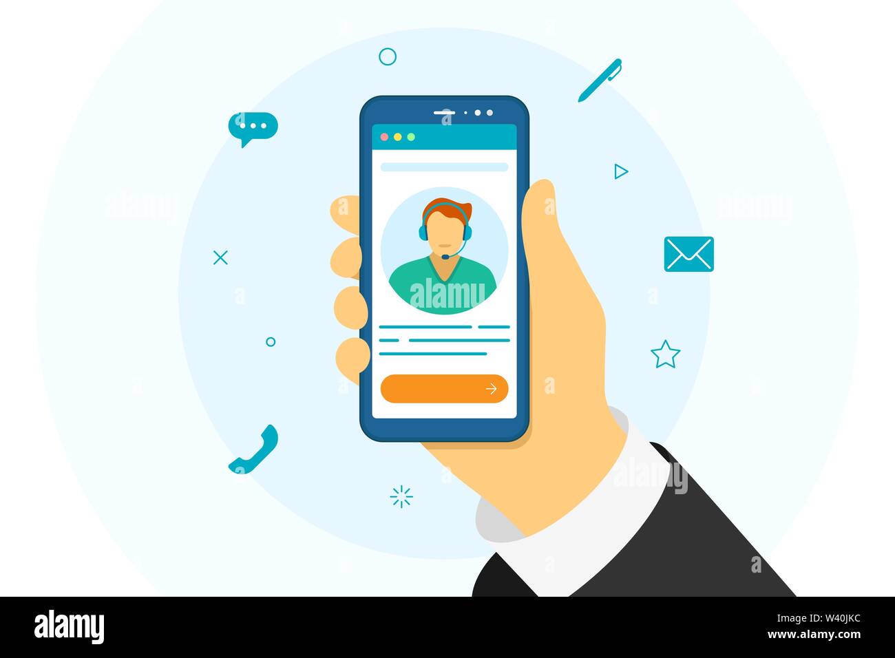 Il cliente e l'operatore assistenza tecnica online 24-7. Maschio bianco hotline call center consiglia consulente client. Assistente Online virtual servizio guida Illustrazione Vettoriale