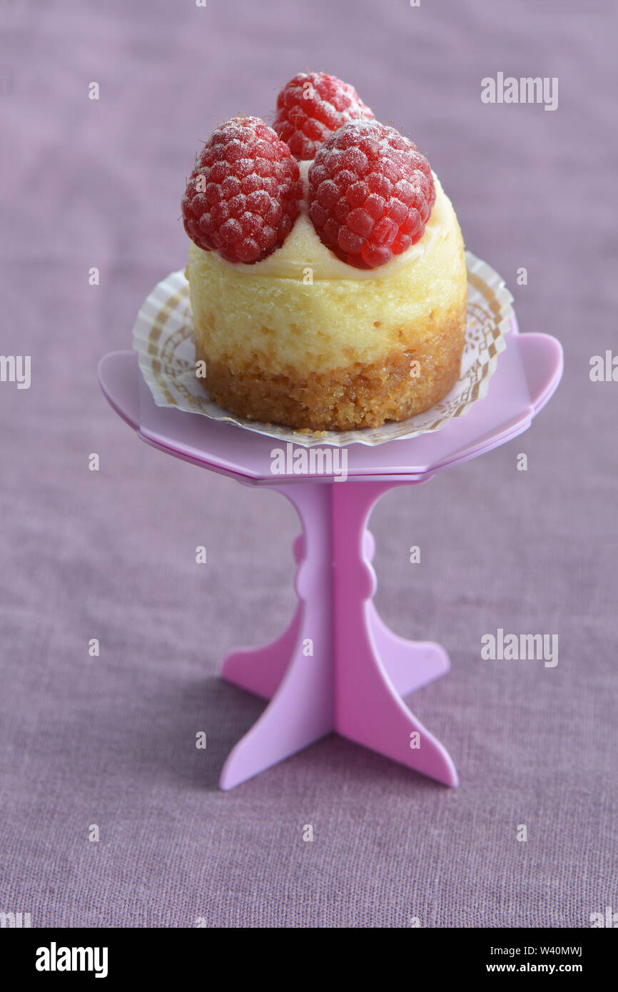 Deliziosi mini Cheesecake ai lamponi e rosa sul cupcake stand su viola pallido sfondo di lino. Il fuoco selettivo sulla parte anteriore di lamponi. Formato verticale. Foto Stock