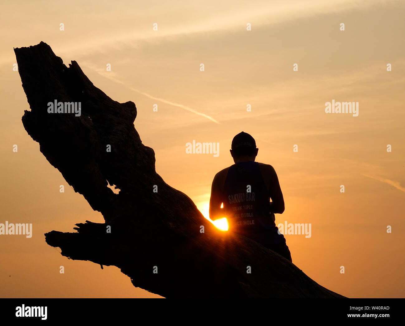Mandalay, Myanmar - Feb 20, 2016. Uomo seduto sulla struttura ad albero e guardando il tramonto a Mandalay, Myanmar. Foto Stock
