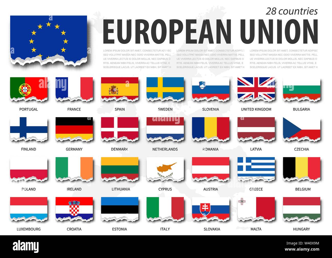Bandiera dell'Unione Europea ( UE ) e appartenenza . Carta strappata design . Mappa Europa sfondo . Vector . Illustrazione Vettoriale
