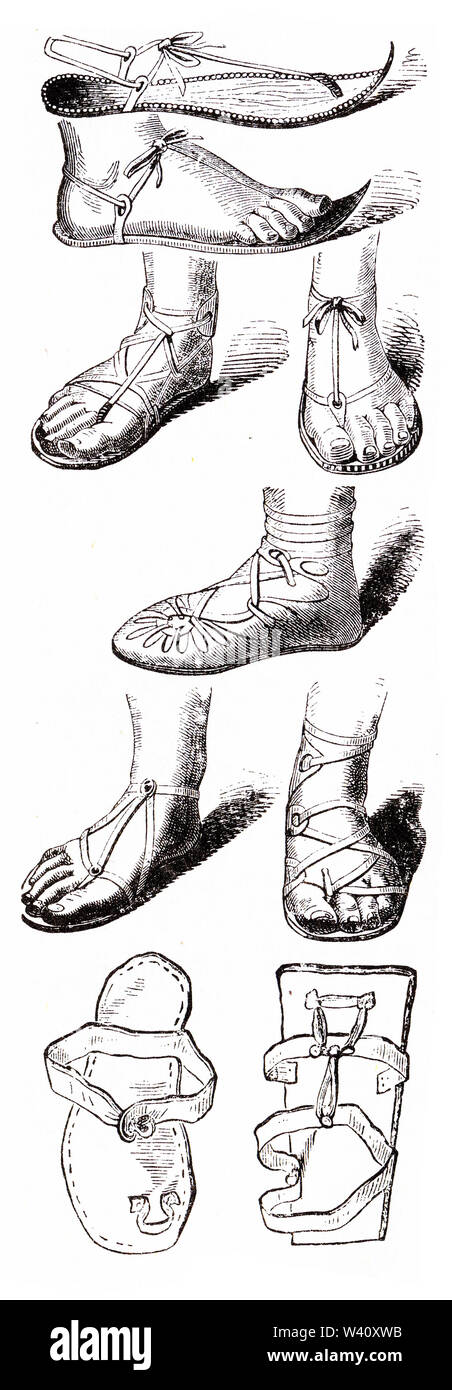 L' incisione di diversi modelli di sandali usurati nel Medio Oriente, circa 50 D.C. Foto Stock