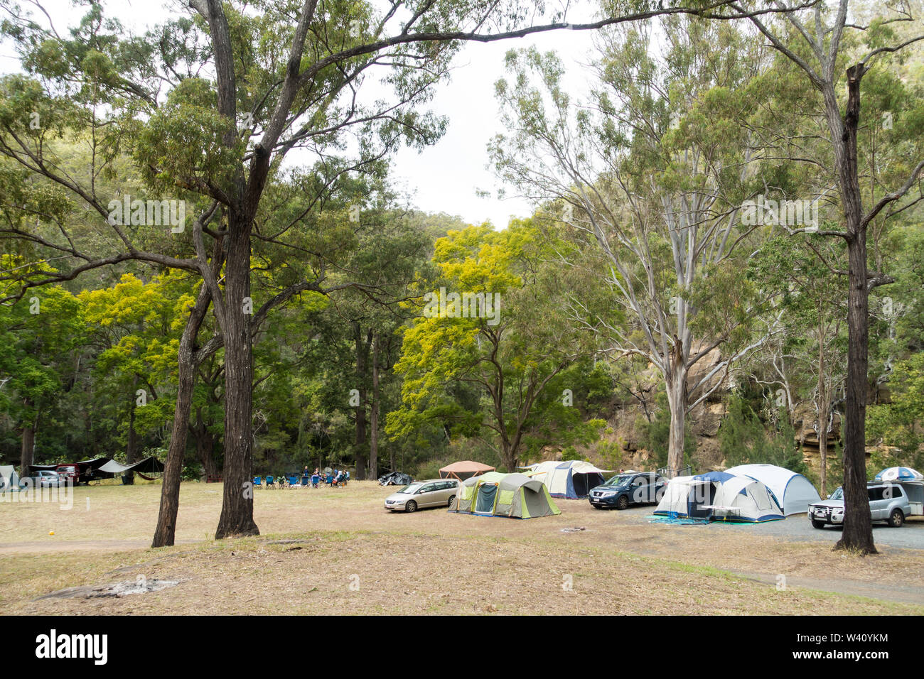 Famiglia campeggio a una riserva di bush in inverno vicino ma Ma Creek Queensland Australia. Foto Stock