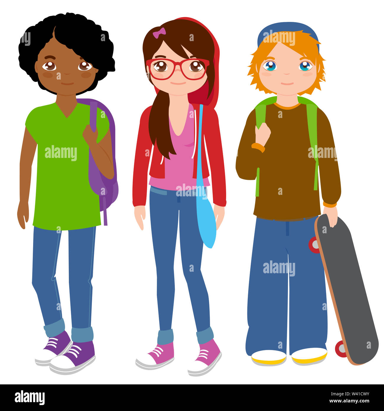Illustrazione di due ragazzi e una ragazza adolescente azienda studenti scuola borse, zaini e skateboard. Foto Stock