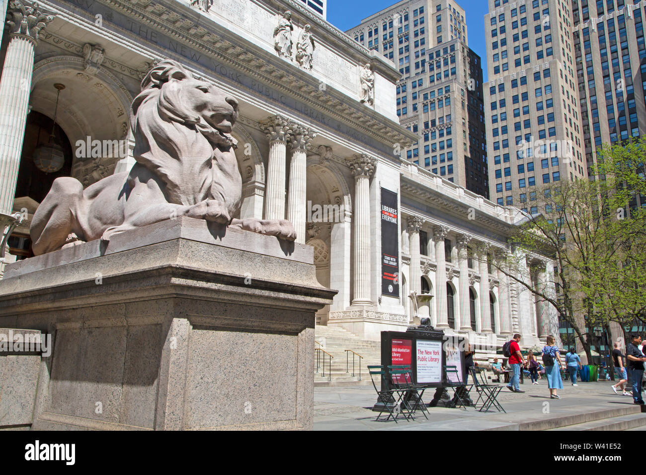Statua di leone nella parte anteriore della Biblioteca Pubblica di New York  Foto stock - Alamy