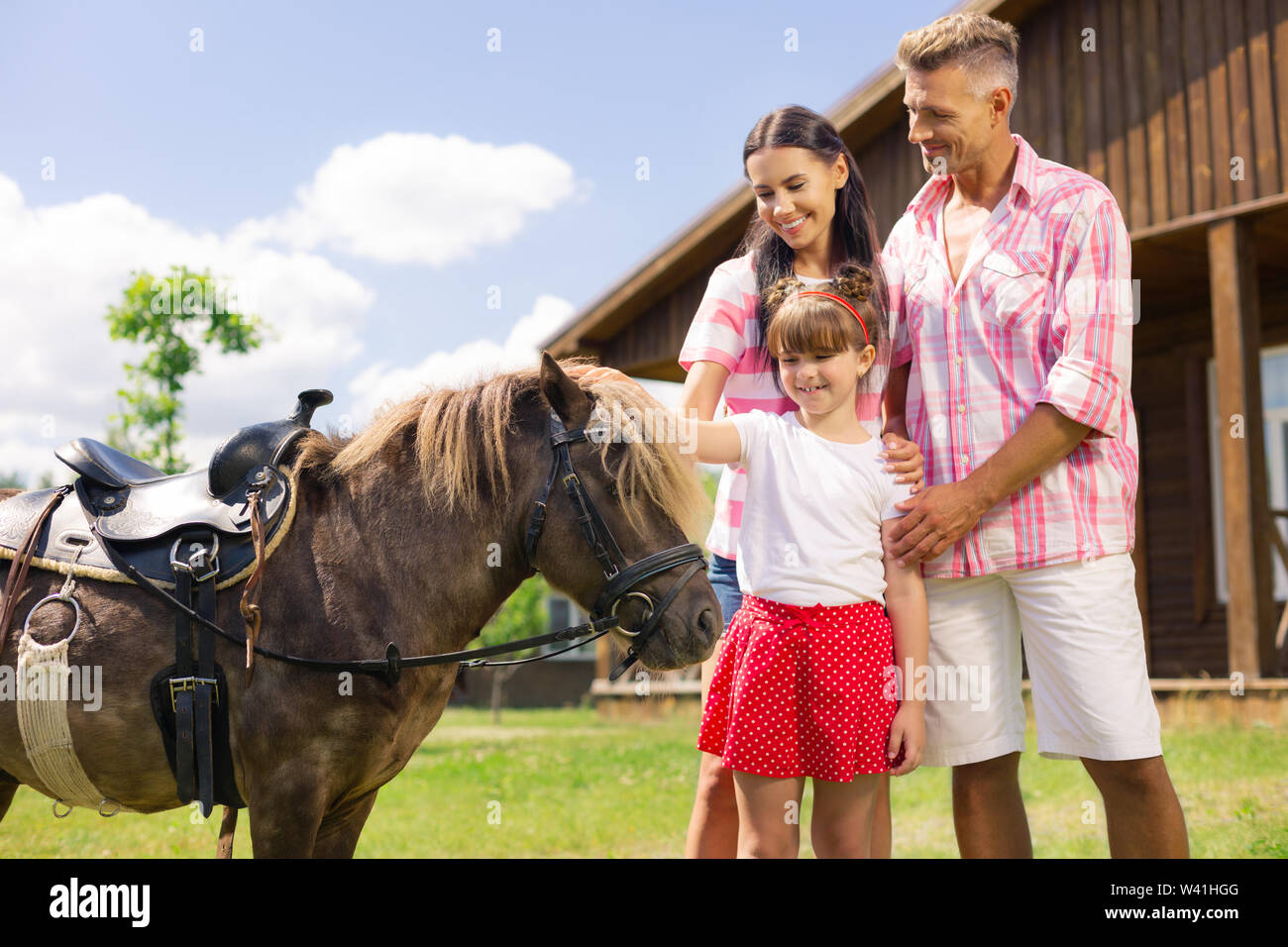 Ragazza sensazione incredibile mentre si tocca cavallo in piedi vicino ai genitori Foto Stock