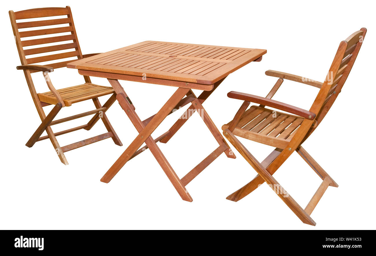 Set di piegatura mobili da giardino in legno - tavolo e sedie isolato su bianco e con percorso di clipping Foto Stock