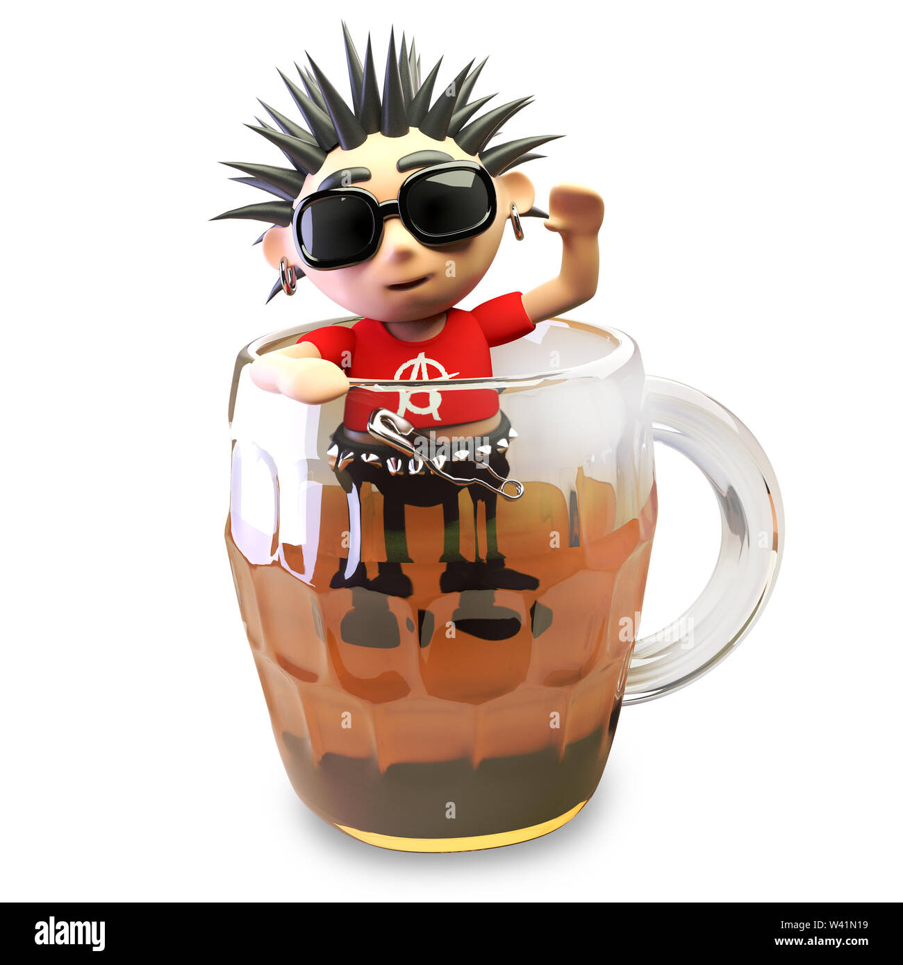 Ubriaco 3d punk rocker con impulso breve capelli tentativi di salita di una pinta di birra, 3D render illustrazione Foto Stock