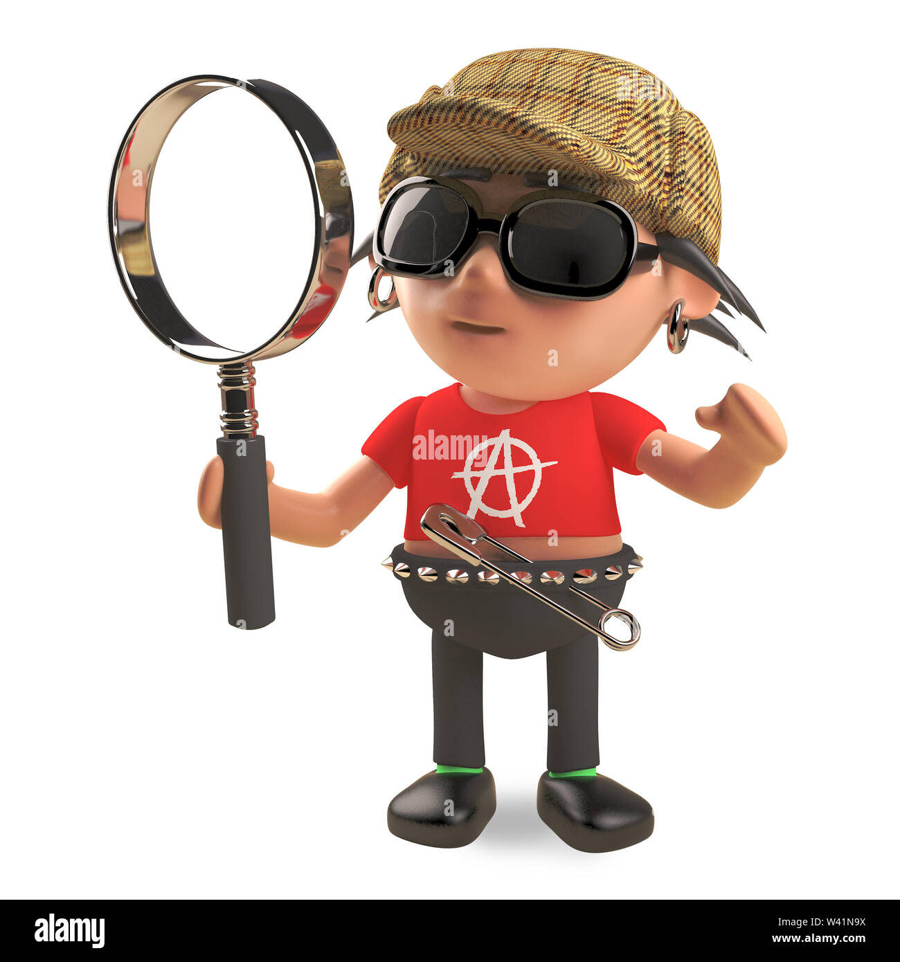 Abile detective punk rocker con impulso breve capelli e deerstalker hat tenendo una lente di ingrandimento alla ricerca di indizi, 3D render illustrazione Foto Stock