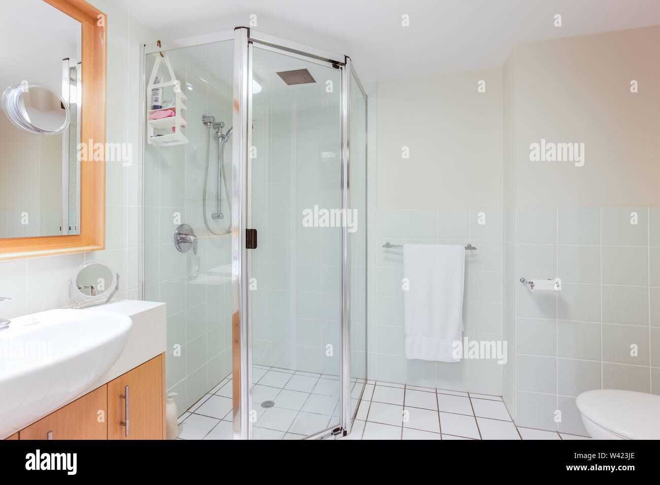 Uno stile moderno bagno con una doccia walk-in, un asciugamano appendiabiti e un lavabo con cabinet Foto Stock