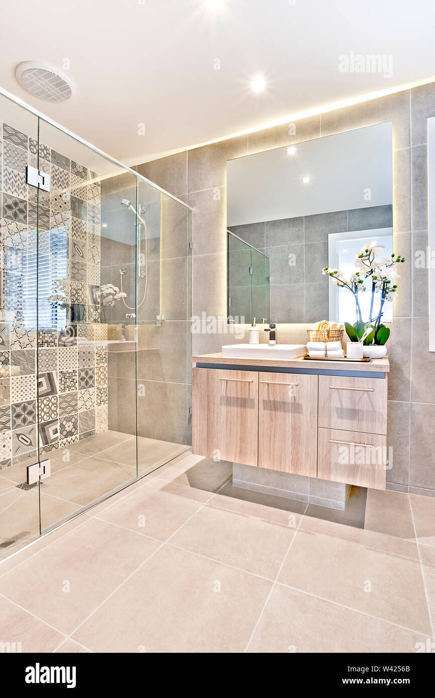 Shiny stanza da bagno con area doccia con specchio e area di lavaggio,  compreso un lavello