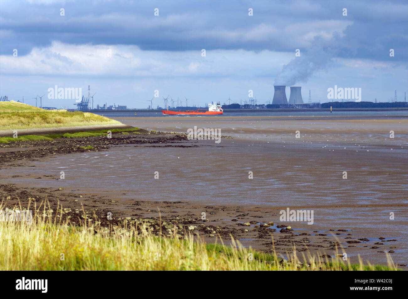 Un gas vettore che passa al di sopra della Schelda occidentale con il Doel Centrale Nucleare in background su Walcheren in Zeeland, Paesi Bassi Foto Stock