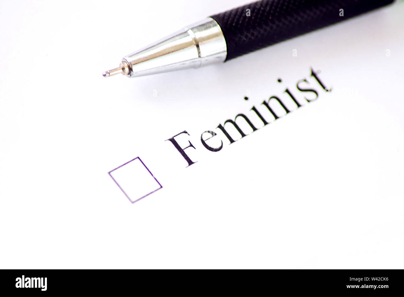 Femminista- casella di controllo con una croce sul libro bianco. Elenco di controllo del concetto. Foto Stock