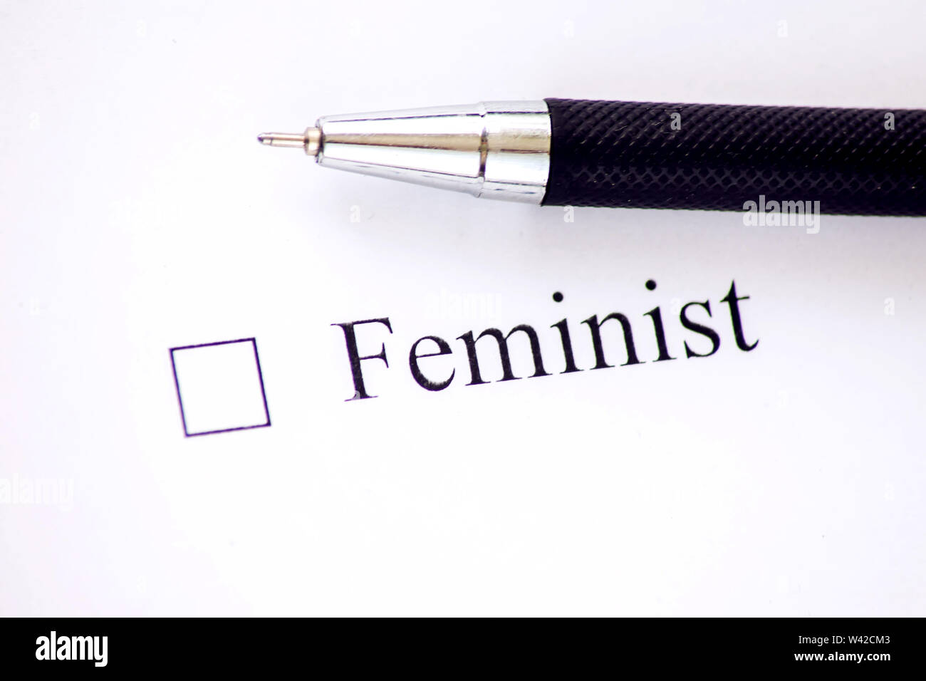 Femminista- casella di controllo con una croce sul libro bianco. Elenco di controllo del concetto. Foto Stock