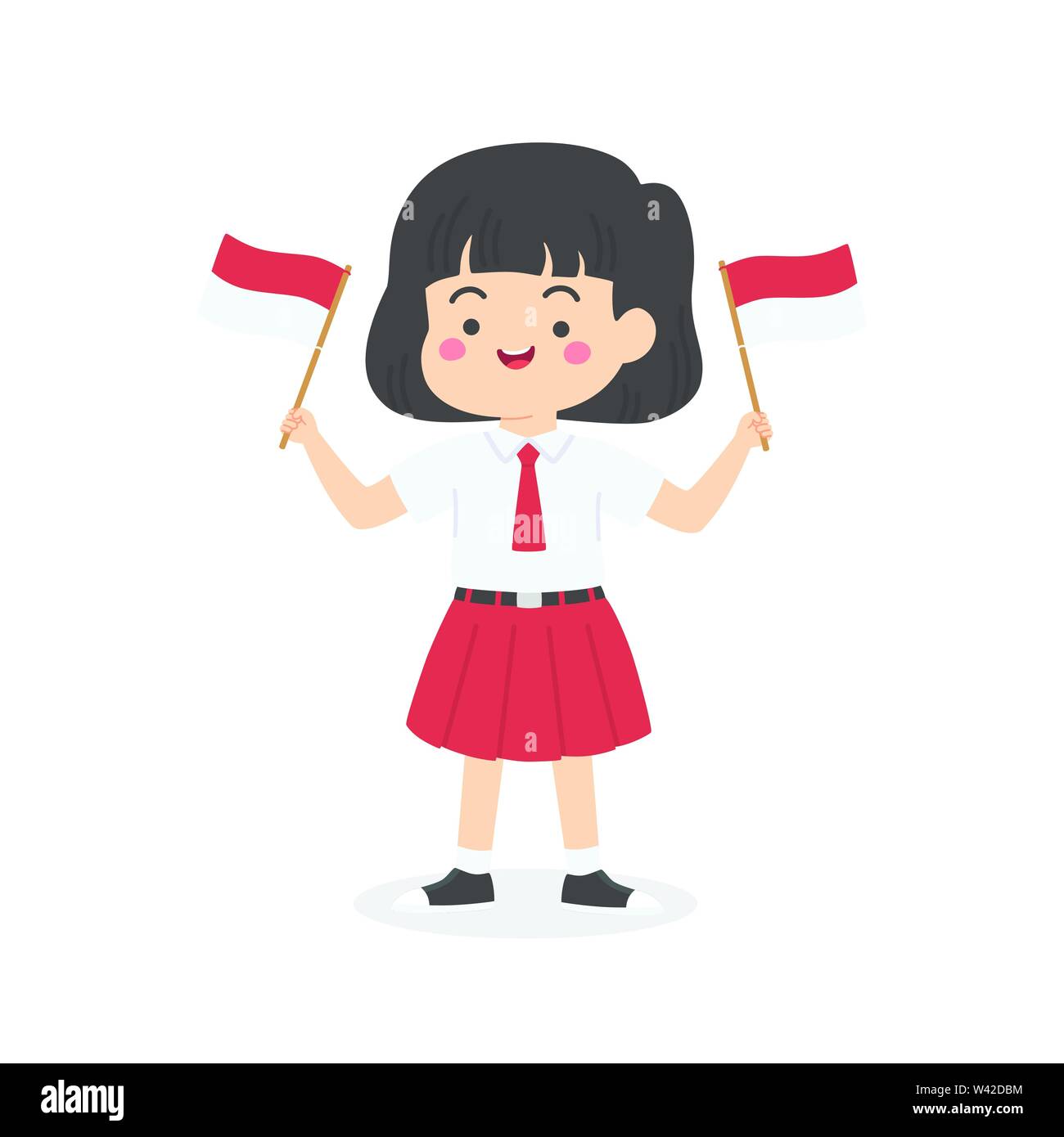 Carino indonesiano scuola elementare di una studentessa con il rosso e bianco uniforme tenendo bandiera, Indonesia il giorno di indipendenza del fumetto illustrazione vettoriale Illustrazione Vettoriale