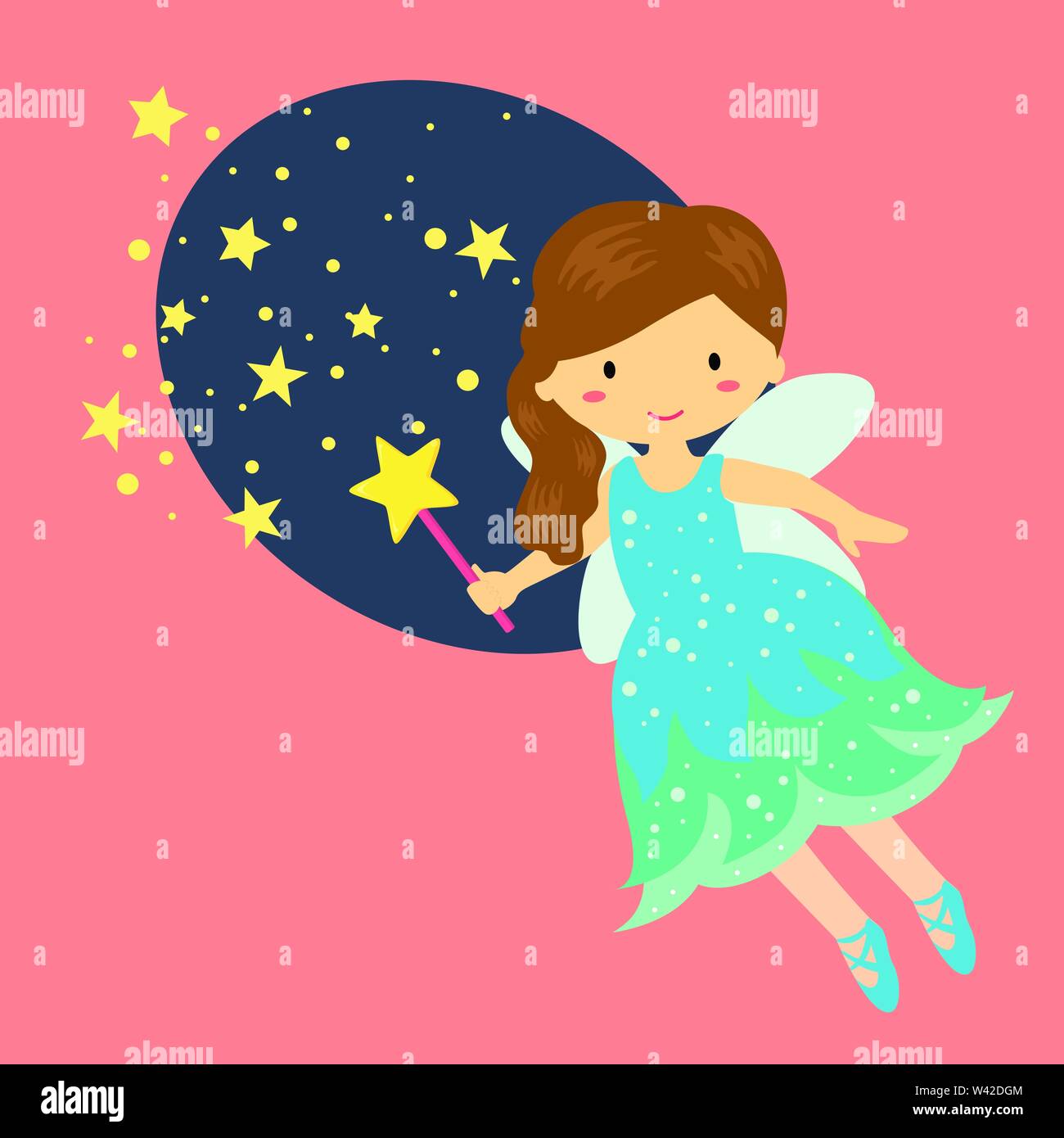 Piccolo grazioso fata blu con bacchetta e Stardust volare su sfondo rosa illustrazione vettoriale Illustrazione Vettoriale