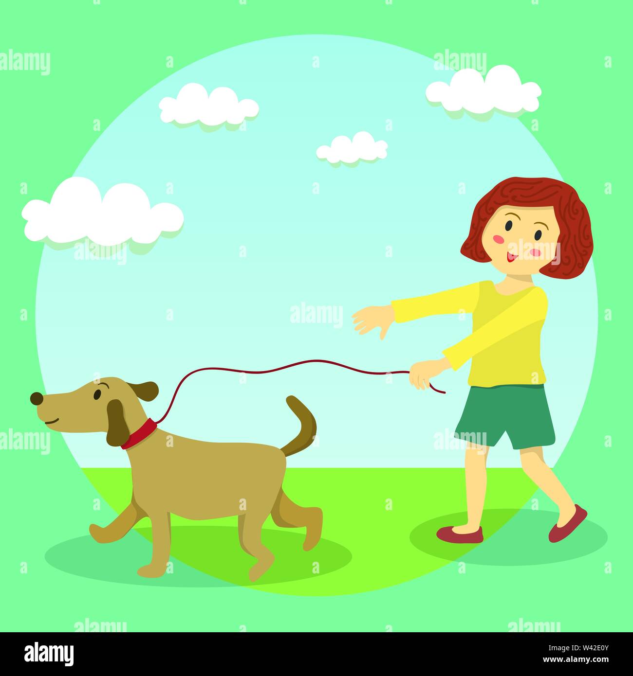 Carino bambina facendo dog-camminando sulla giornata di sole in giardino Illustrazione Vettoriale