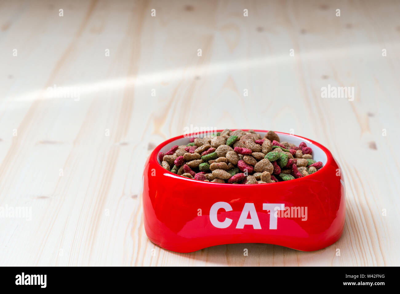 Cat ciotola sul pavimento riempito con cibo secco, close-up foto Foto Stock