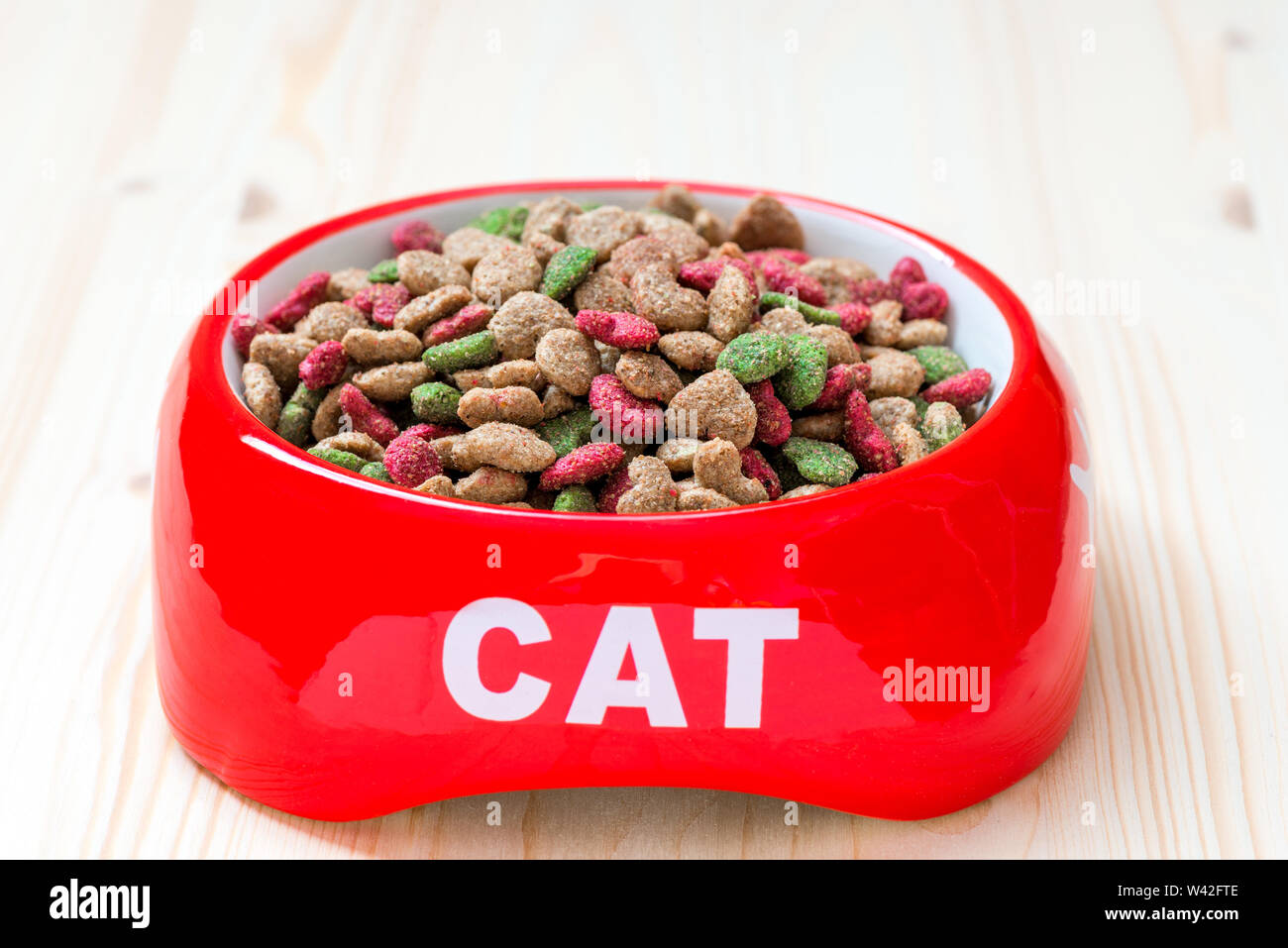 Vaschetta per il gatto sul pavimento è riempito con del cibo secco, close-up foto Foto Stock