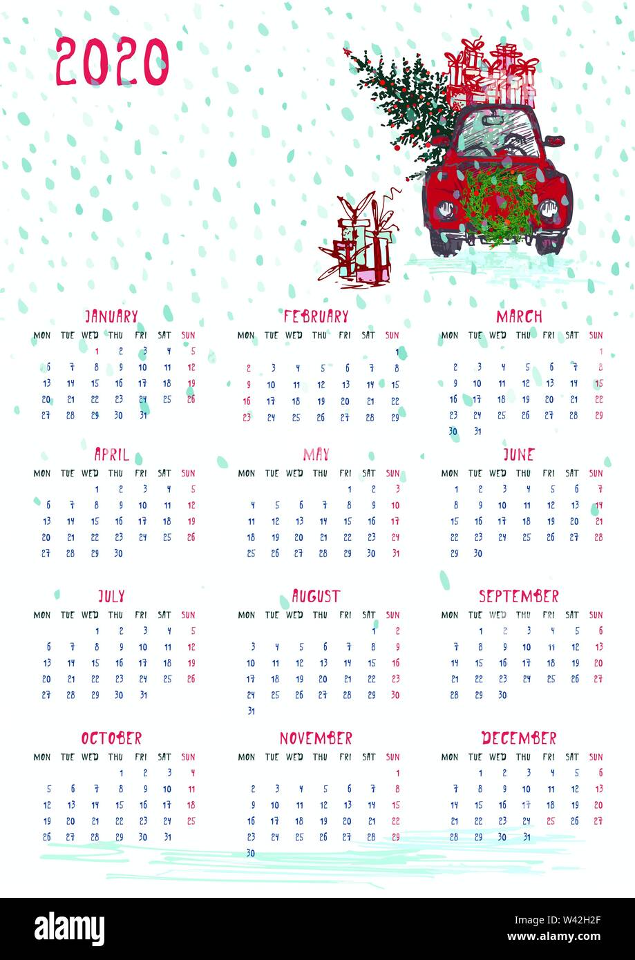 Calendario 2020 planner con rosso auto Natale e Anno nuovo albero e celebrateted doni. Tema Natale settimana inizia di lunedì. Scala A4 dimensione Wa stampabile Illustrazione Vettoriale