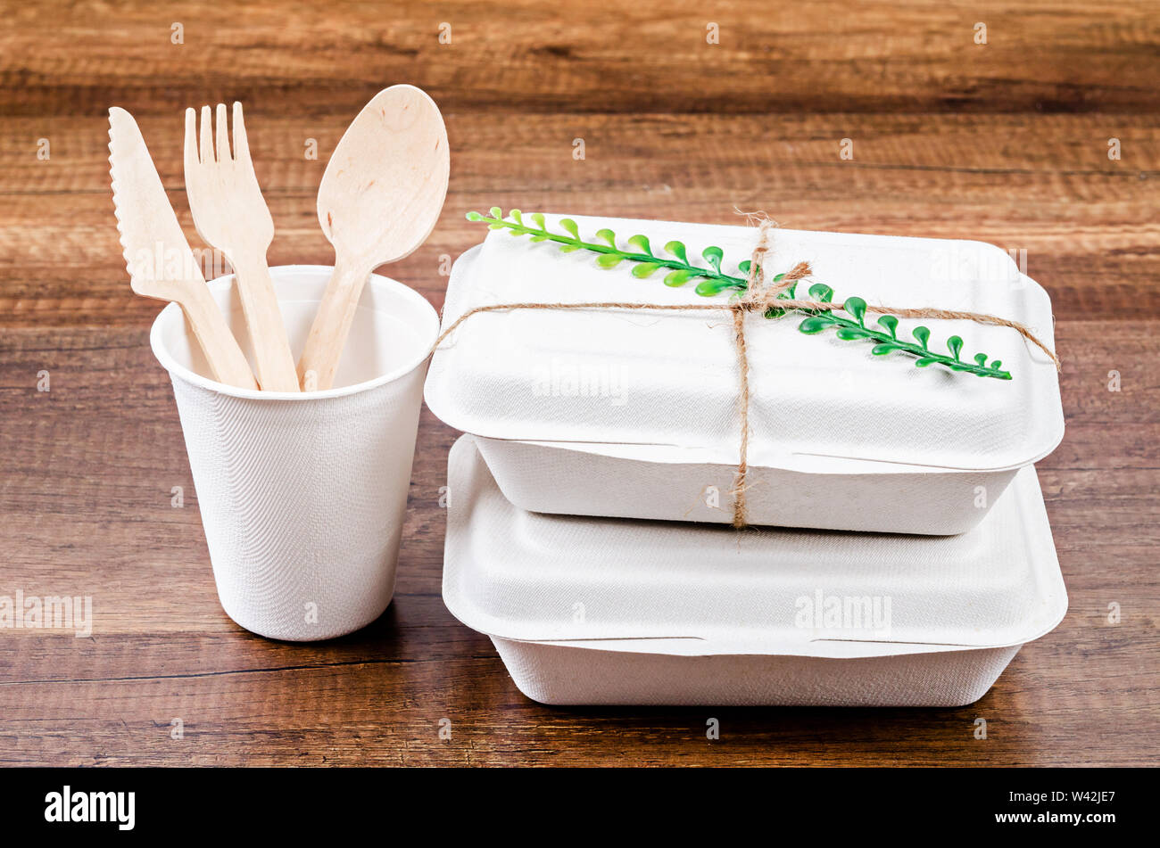 Set di greggi di fibre vegetali casella di alimentare la carta e la tazza di caffè. Fibra naturale alimenti eco e di imballaggio per bevande. Foto Stock