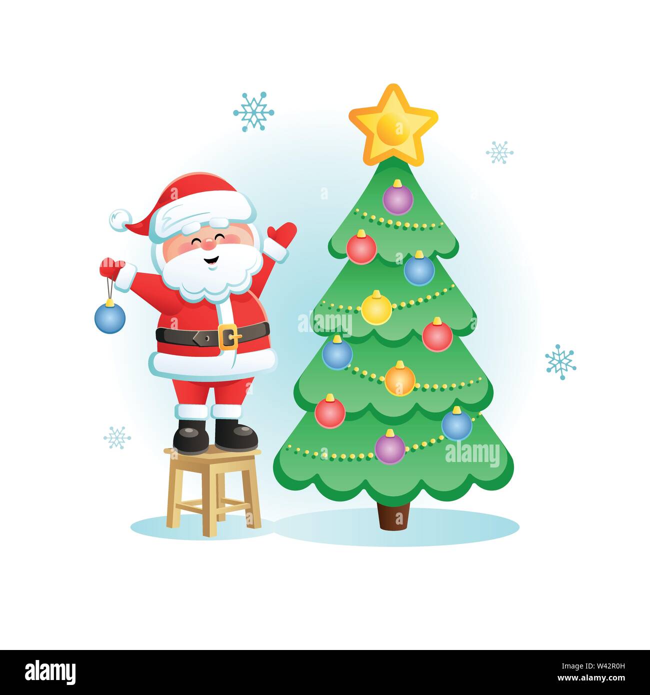 Buon Babbo Natale con albero di Natale. Natale simpatico personaggio dei cartoni animati. Illustrazione Vettoriale senza oggetti trasparenti. Illustrazione Vettoriale