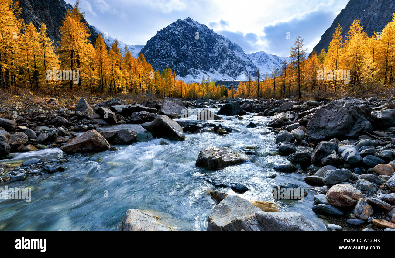 Autunno paesaggio con fiume Aktru e picco Karatash. Montagne di Altai. La Siberia. La Russia Foto Stock