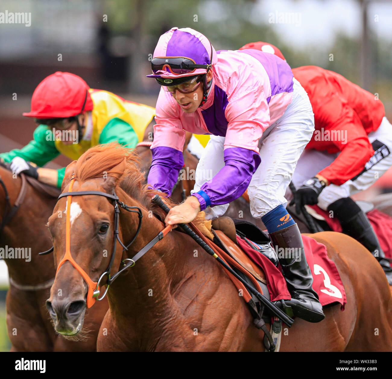 Ippodromo di Haydock, Merseyside, Regno Unito. 19 Luglio, 2019. Haydock Park cavallo di razza in riunione; Dominus cavalcato da Ben Curtis vince il Join Racing TV ora credito Handicap: Azione Plus sport/Alamy Live News Foto Stock