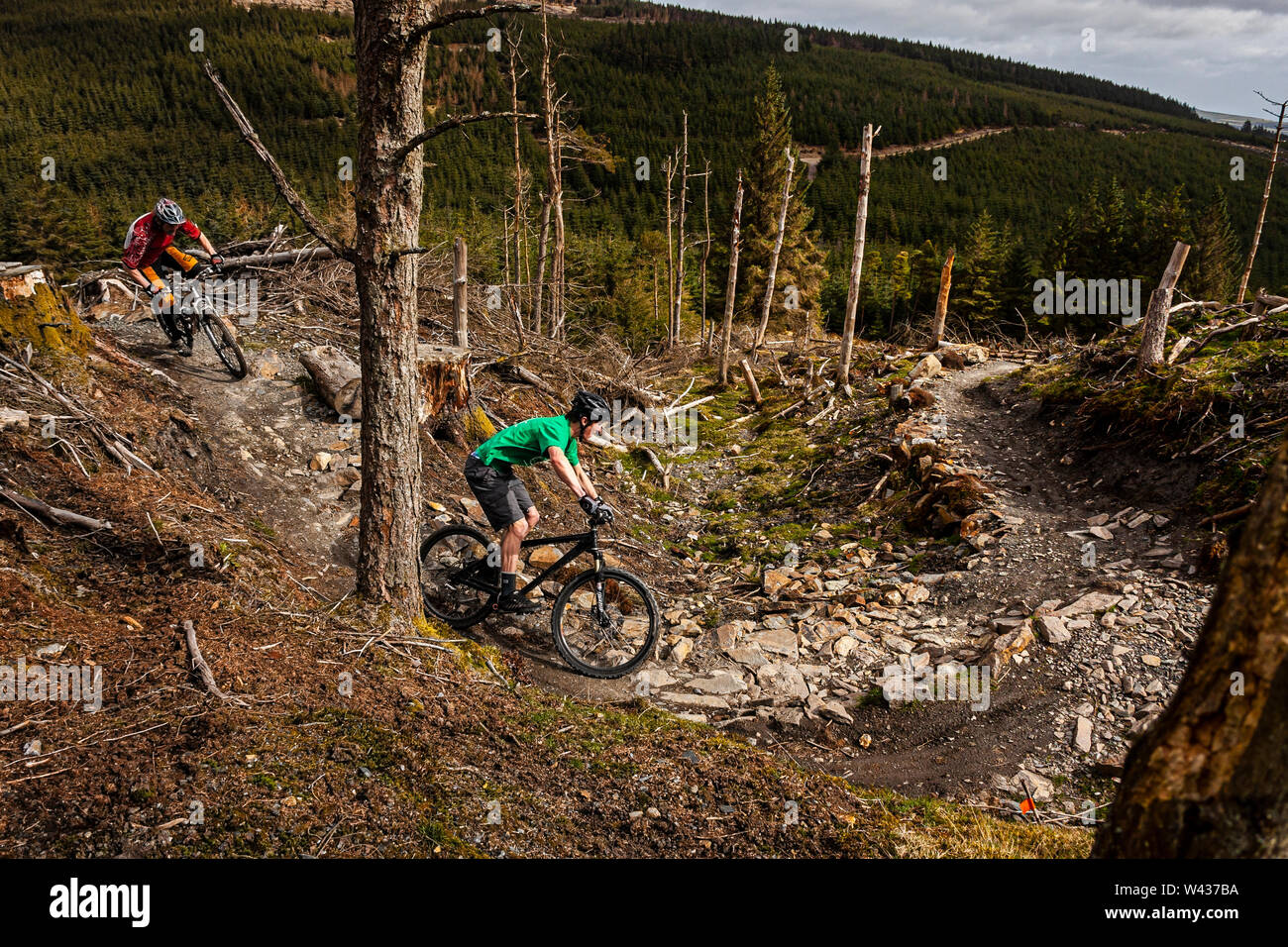 Due mountain bike a cavallo di un sentiero roccioso nel costruito a tale scopo MTB trail center. Foto Stock