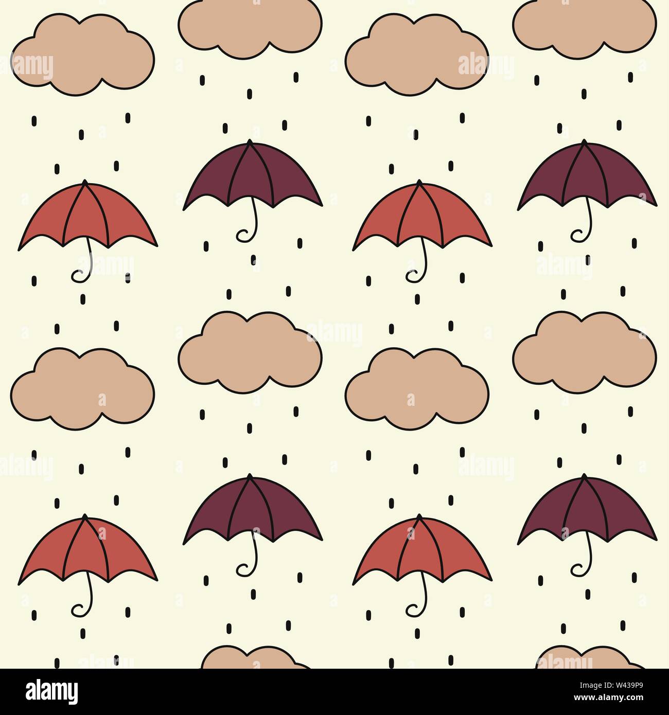 Carino autunno autunno vettore seamless pattern illustrazione dello sfondo con ombrelloni, nubi e pioggia Illustrazione Vettoriale