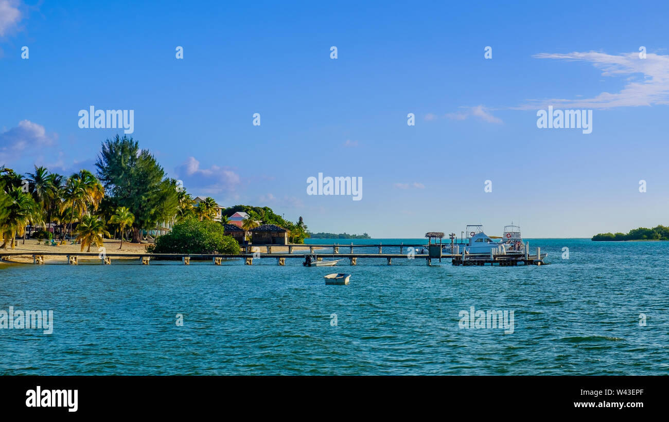 Piers sul foro del Sud Sound, Little Cayman, Isole Cayman Foto Stock