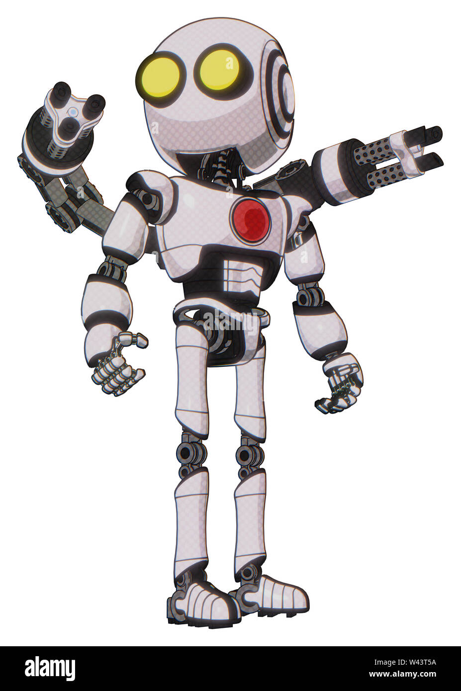 Robot contenente elementi: testa rotonda, grandi occhi gialli, luce exoshielding torace, rosso pulsante del torace, minigun gruppo posteriore, Ultralight piede exosuit. Foto Stock