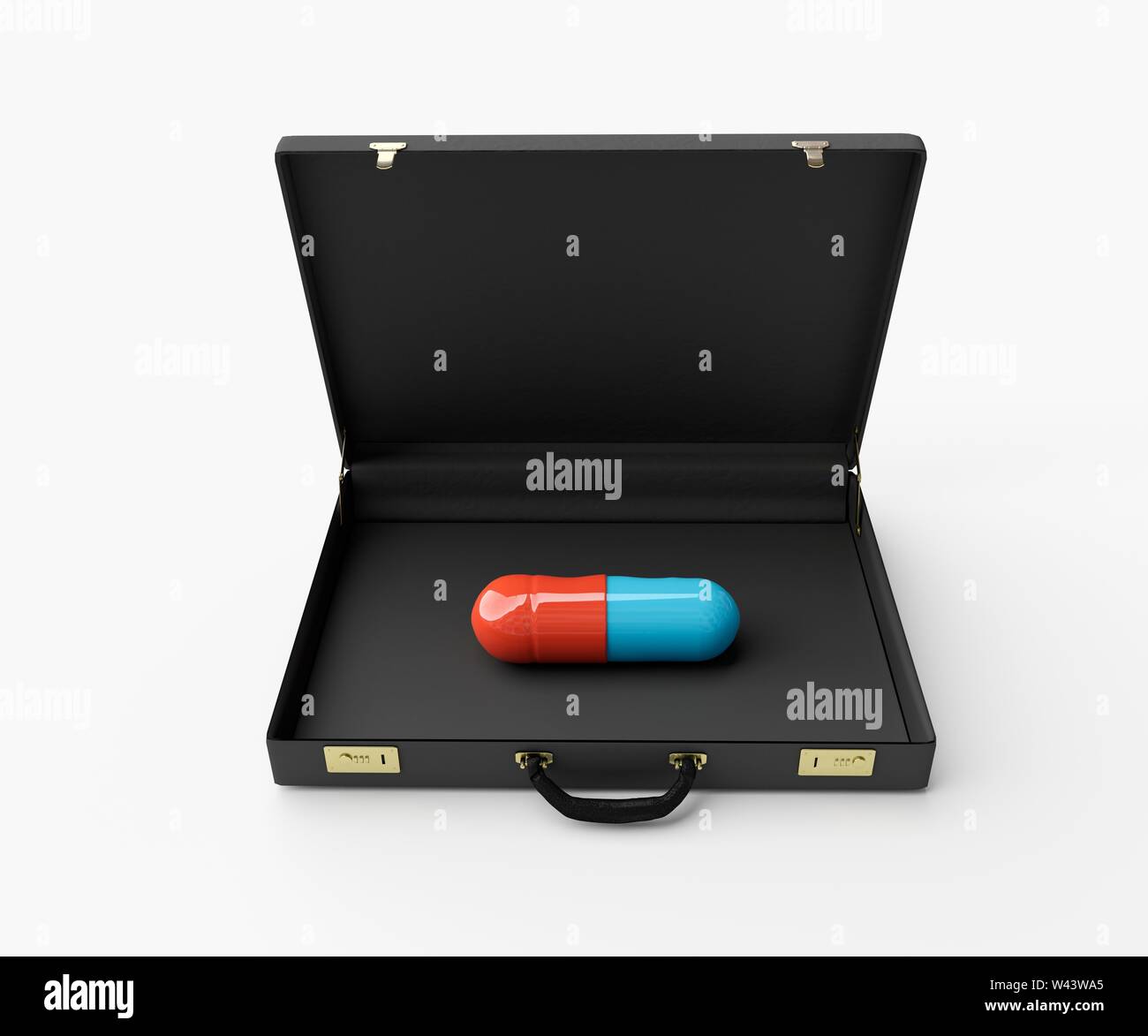 Attache caso contenente uno molto grande capsula medica. Computer immagine generata. Foto Stock