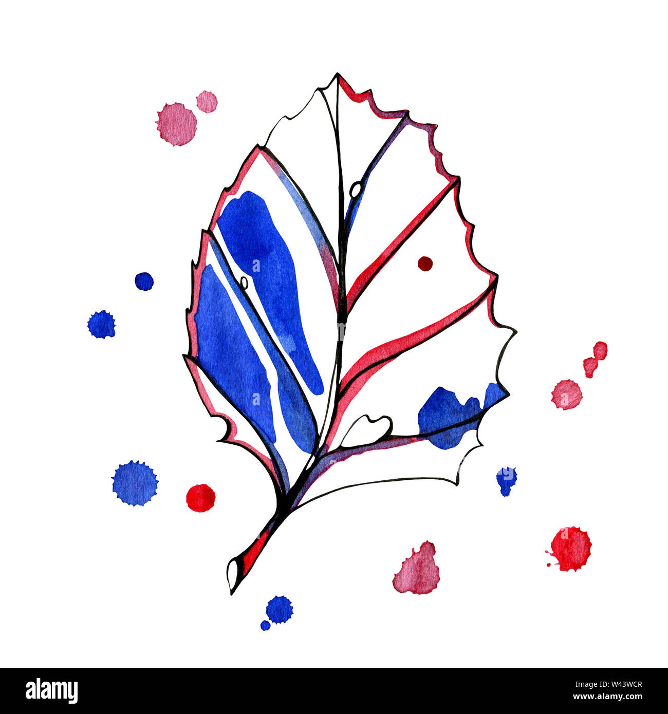 Acquerello grafica stilizzata autumn leaf. Dipinti a mano con nero, blu e rosso dell'inchiostro con le prime gocce di colore sullo sfondo. Oggetto isolato su bianco Foto Stock