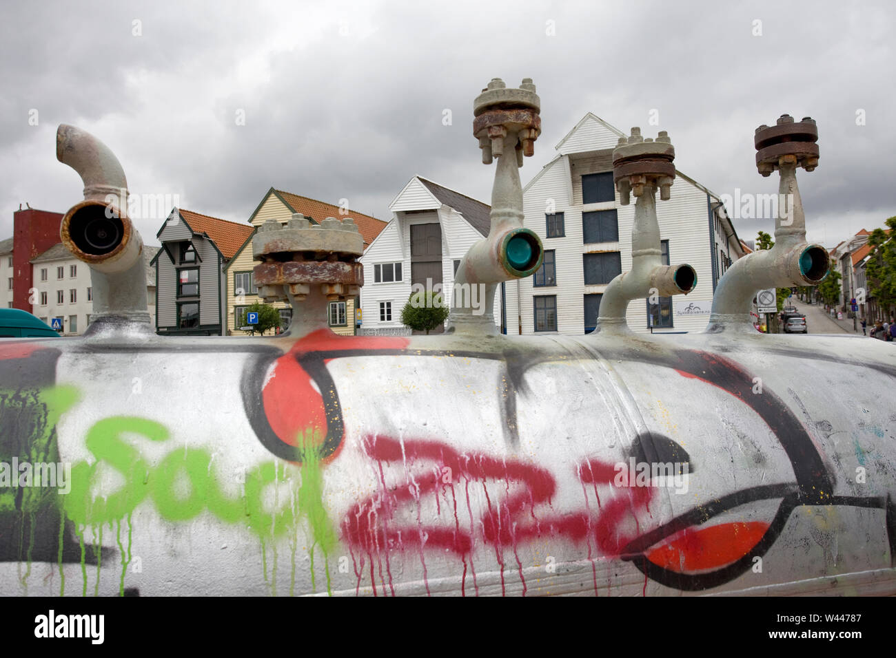 Attrezzatura di perforazione arte con graffiti, Stavanger, Norvegia Foto Stock