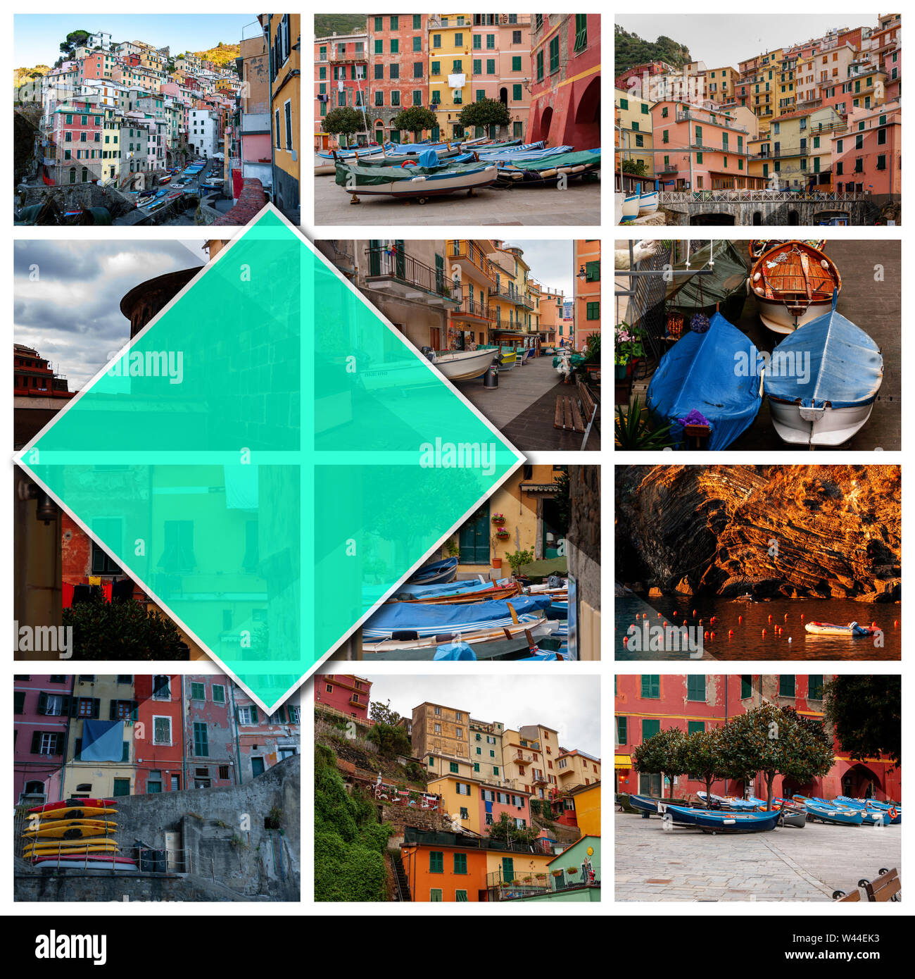 Collage di foto delle Cinque Terre, Italia, in 1:1 formato. Case e barche della bellissima località e città di pescatori, una popolare destinazione turistica Foto Stock