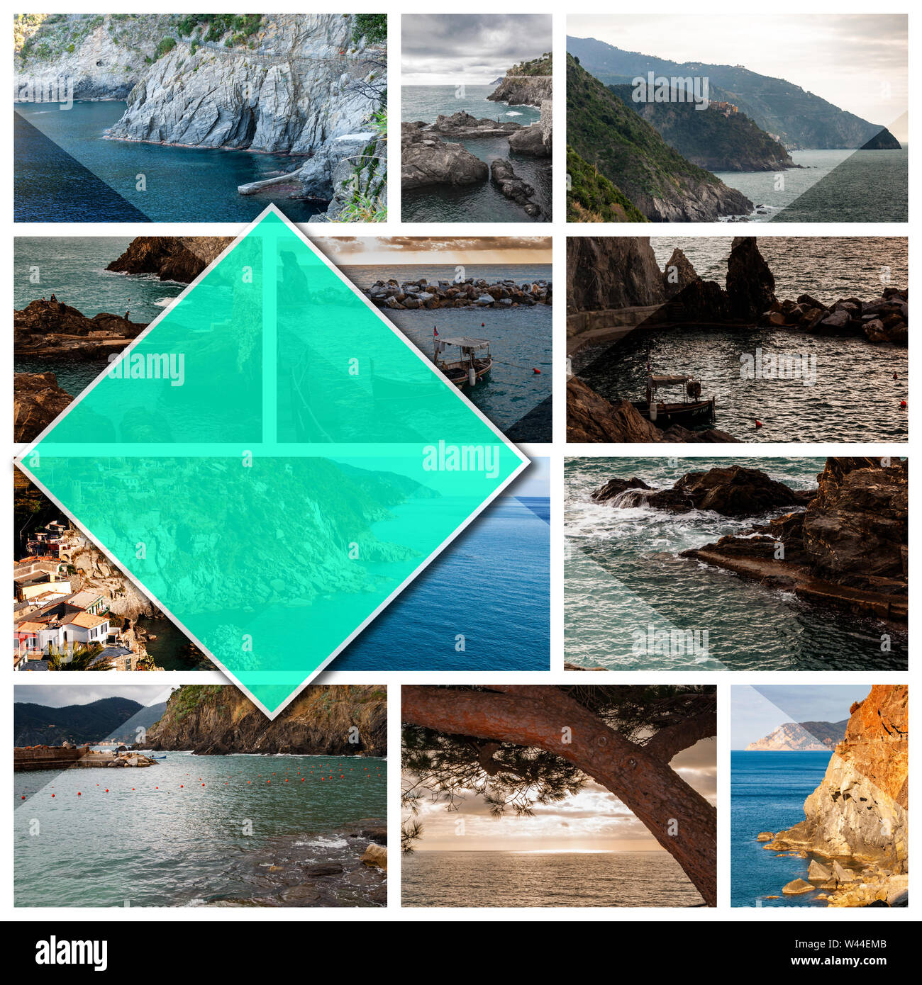 Collage di foto delle Cinque Terre, Italia, in 1:1 formato. Il mare della splendida località balneare e i pescatori, una popolare destinazione turistica per la spiaggia Foto Stock