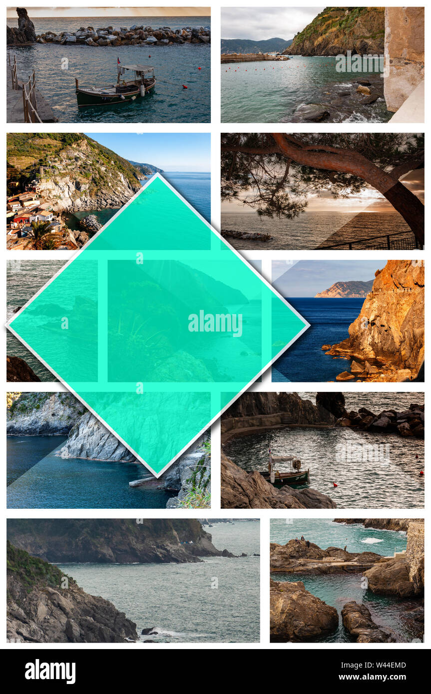 Collage di foto delle Cinque Terre, Italia, in formato 2:3. Il mare della splendida località balneare e i pescatori, una popolare destinazione turistica per la spiaggia Foto Stock